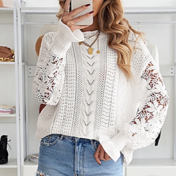 Last 1 S & 5 Star Rated! New Trendy Chic Knit Slouchy Sweater w Crochet Sleeves - Picture 5 of 8